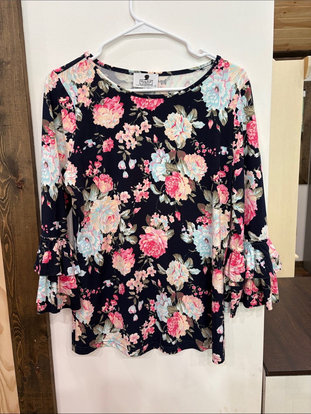 Dainty Jewells Black Floral Ruffle Sleeve Tunic with Pink & Light Blue Blooms